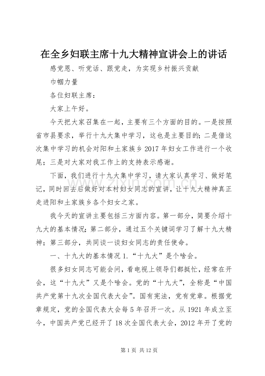 在全乡妇联主席十九大精神宣讲会上的讲话.docx_第1页