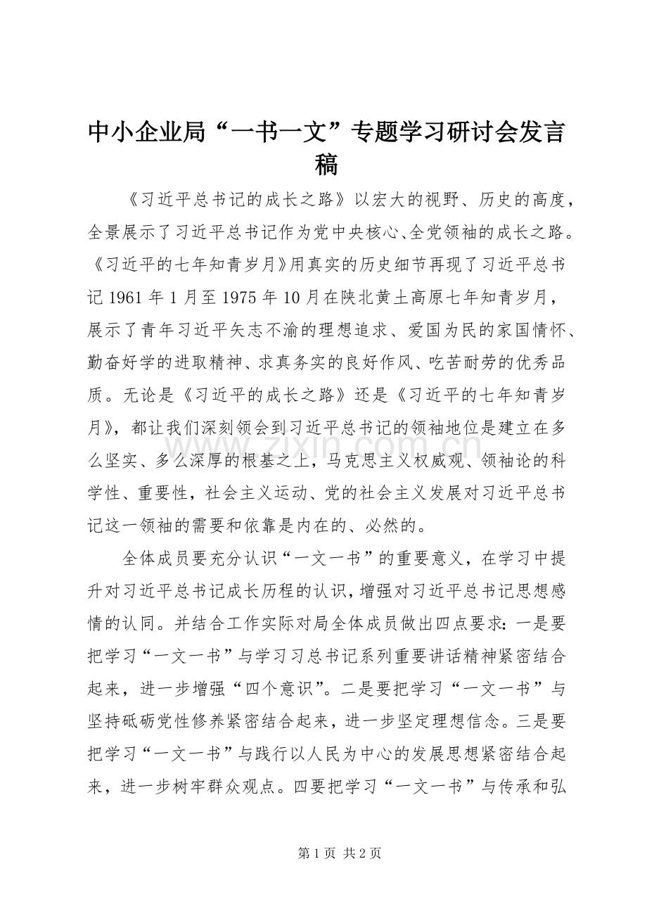 中小企业局“一书一文”专题学习研讨会发言.docx_第1页