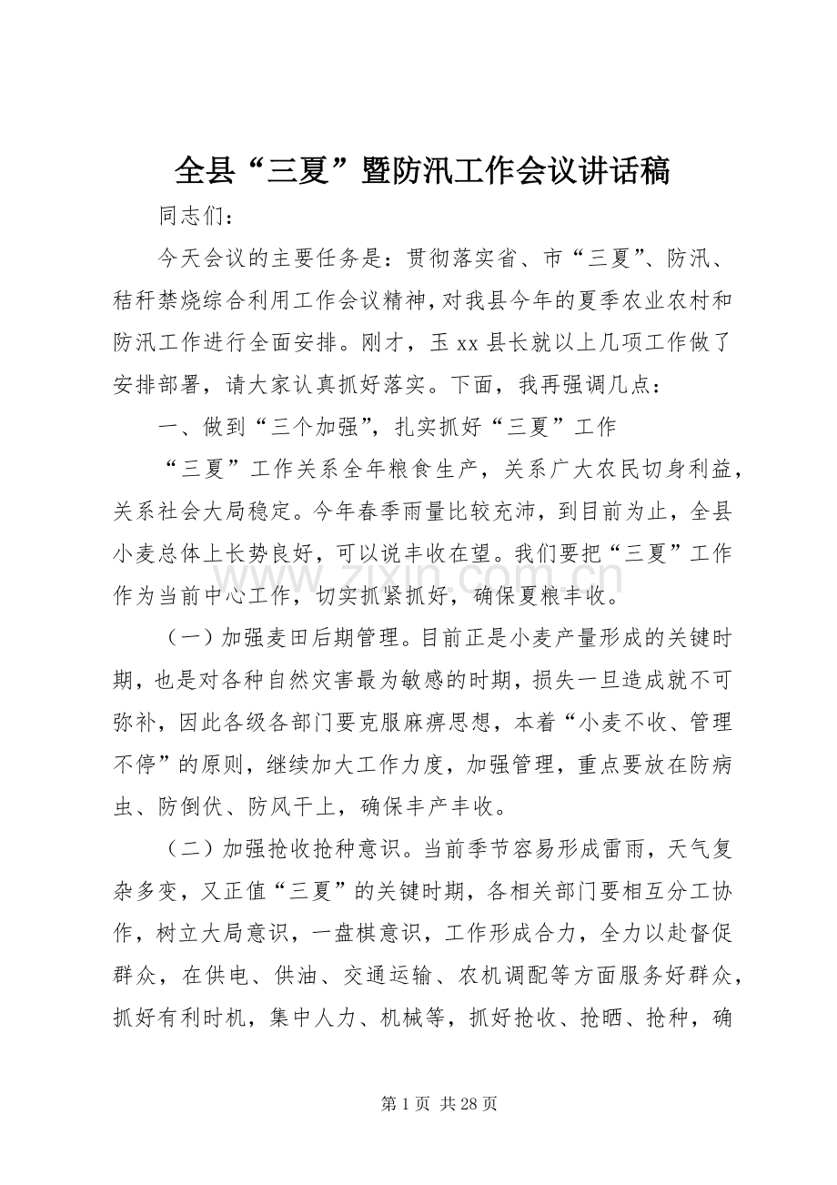 全县“三夏”暨防汛工作会议讲话稿.docx_第1页