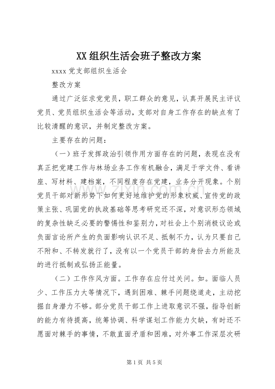 XX组织生活会班子整改实施方案.docx_第1页