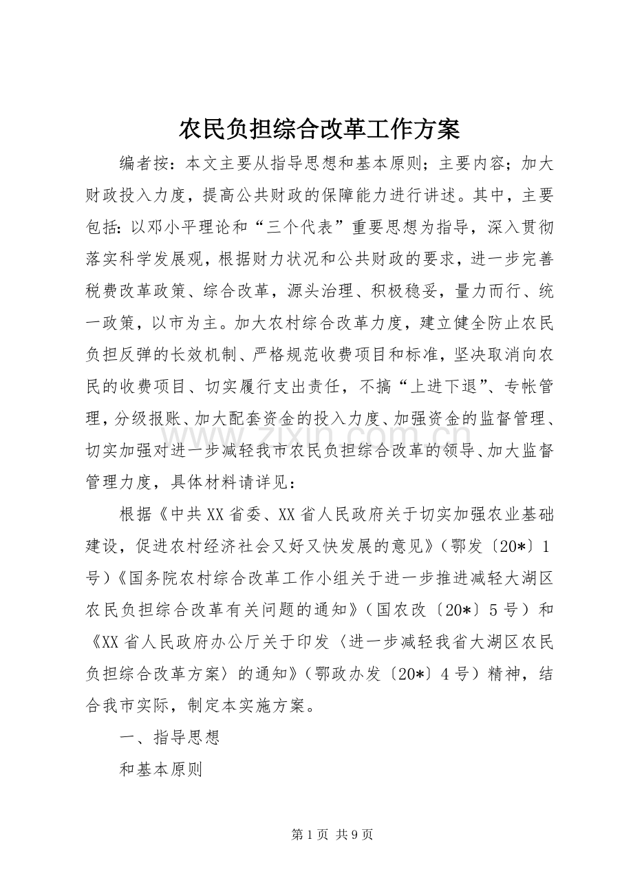 农民负担综合改革工作实施方案.docx_第1页
