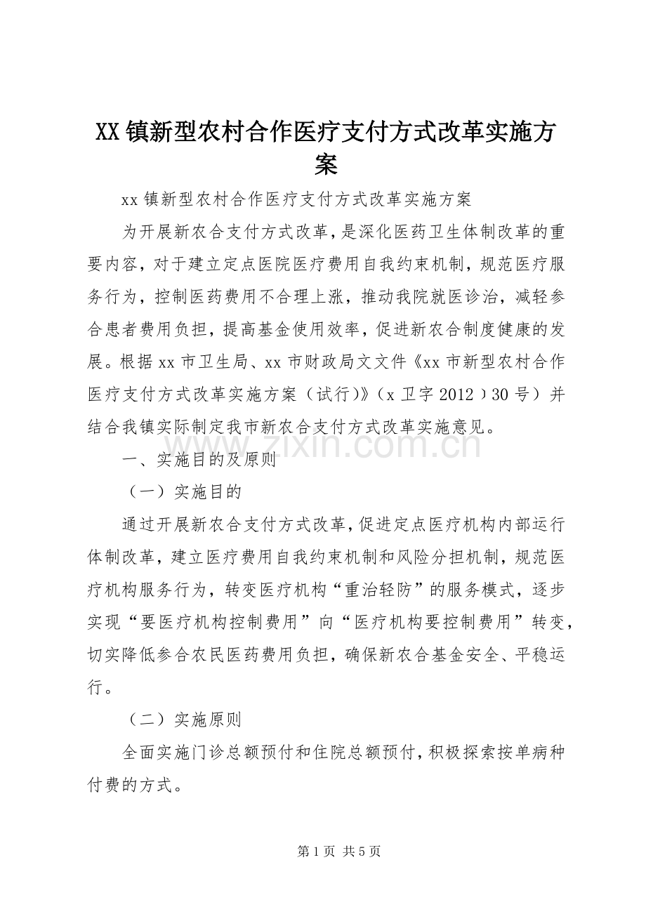 XX镇新型农村合作医疗支付方式改革方案.docx_第1页