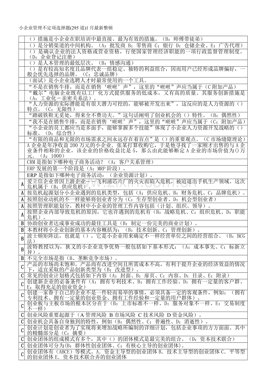 2024年中央电大小企业管理不定项选择题295题(1月)整理.doc_第1页