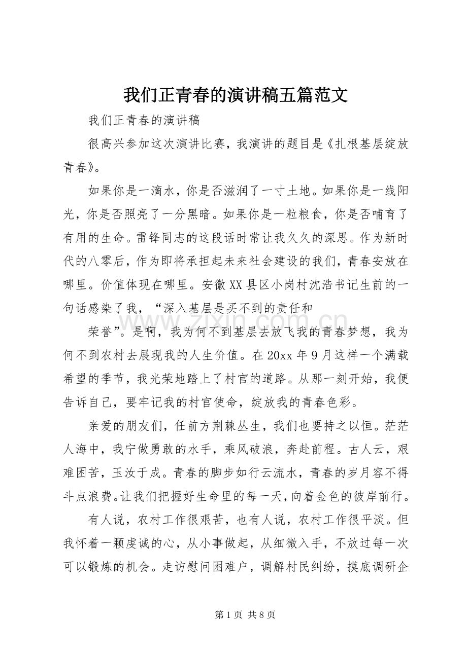 我们正青春的演讲稿五篇范文.docx_第1页
