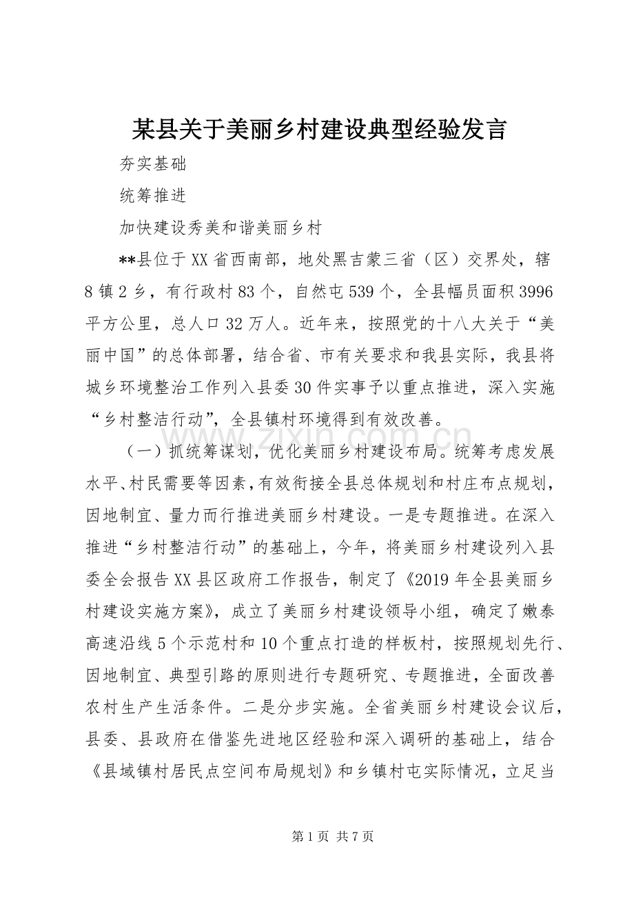 某县关于美丽乡村建设典型经验发言.docx_第1页