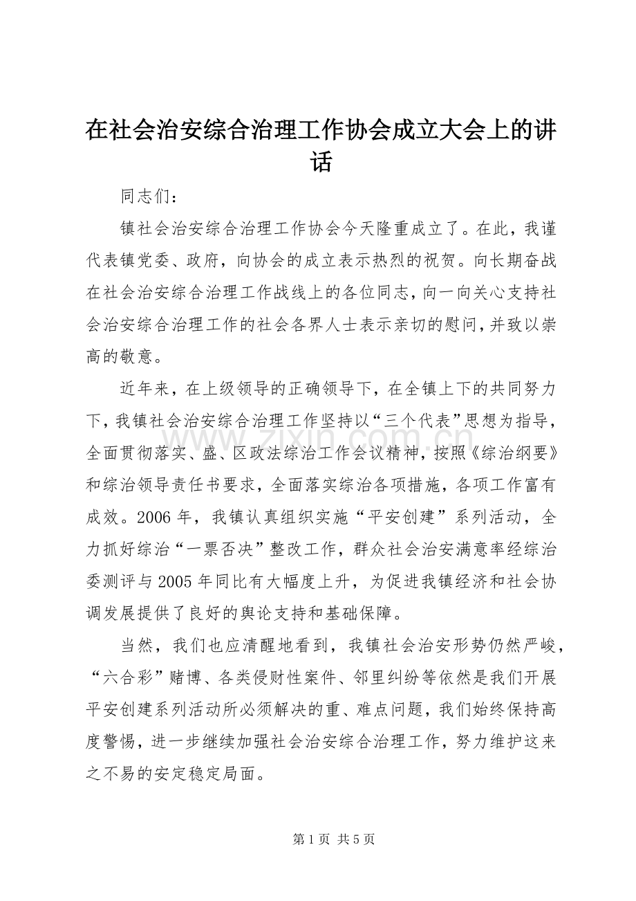 在社会治安综合治理工作协会成立大会上的讲话.docx_第1页
