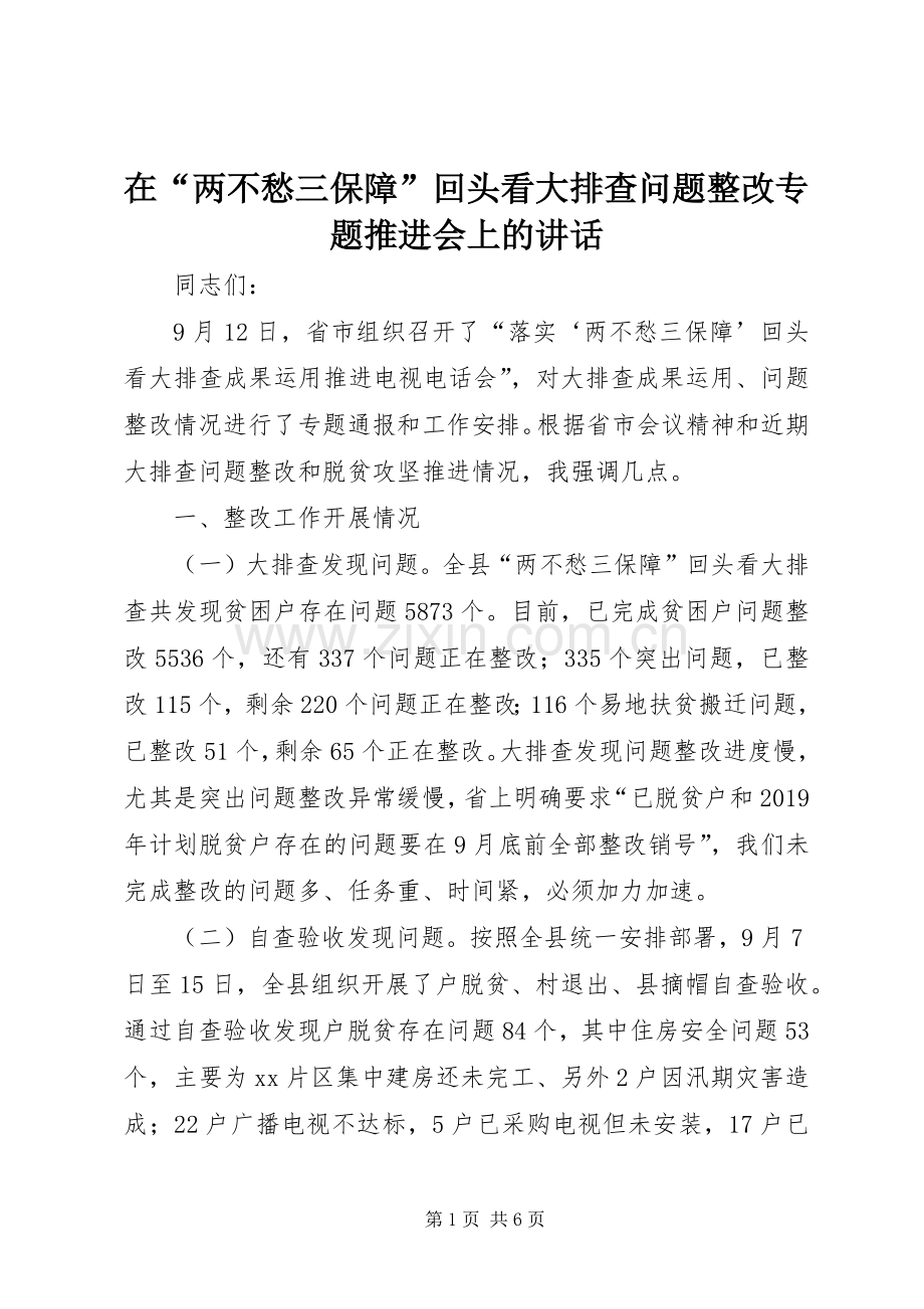 在“两不愁三保障”回头看大排查问题整改专题推进会上的讲话.docx_第1页