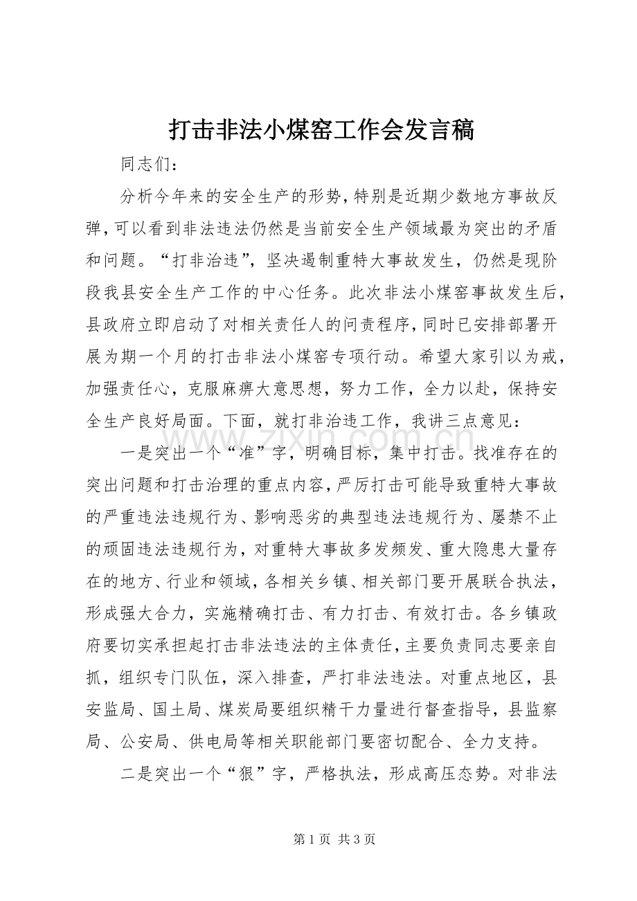 打击非法小煤窑工作会发言稿.docx_第1页
