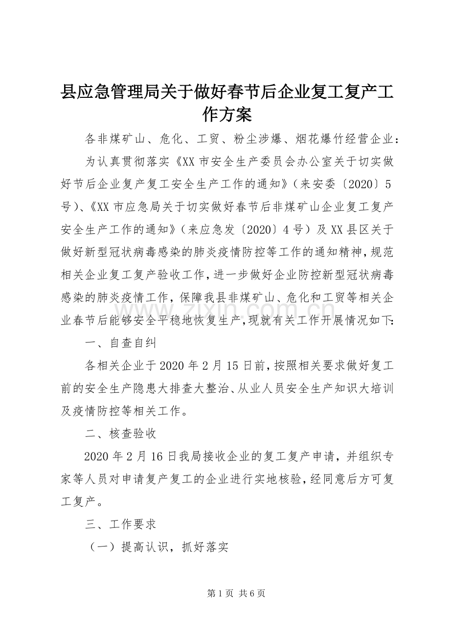 县应急管理局关于做好春节后企业复工复产工作实施方案.docx_第1页