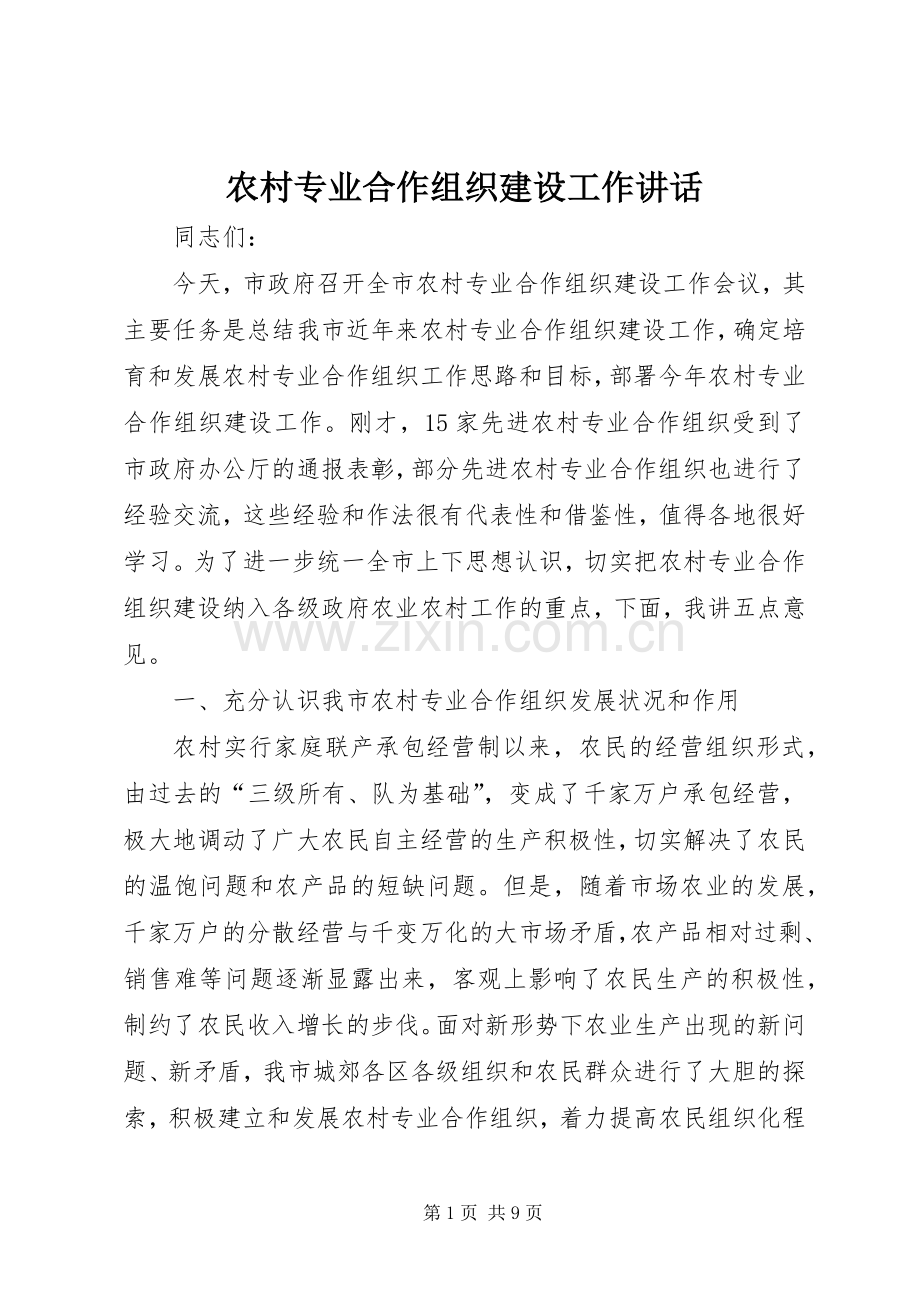 农村专业合作组织建设工作讲话.docx_第1页