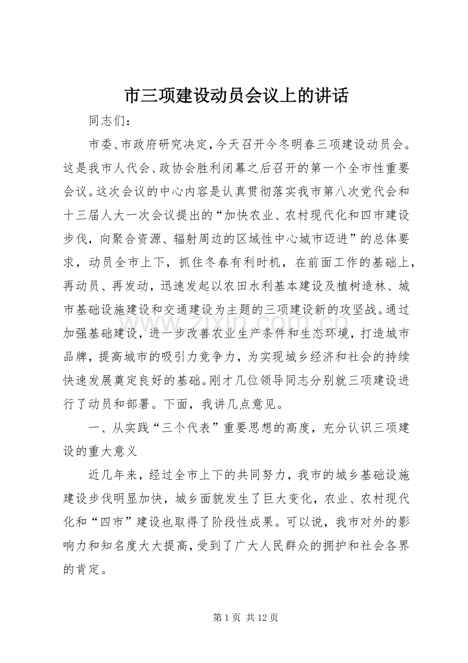 市三项建设动员会议上的讲话.docx_第1页