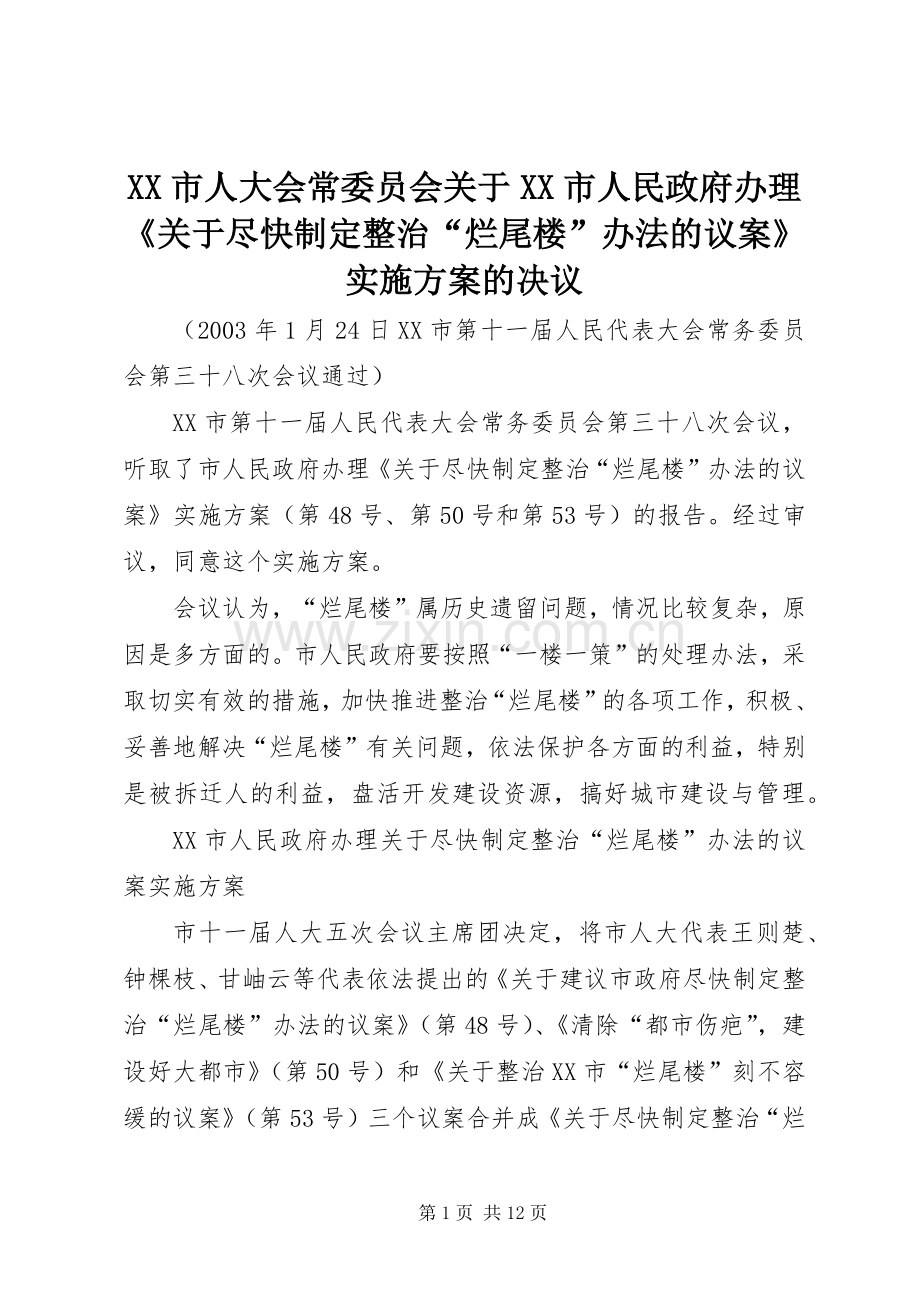 XX市人大会常委员会关于XX市人民政府办理《关于尽快制定整治“烂尾楼”办法的议案》方案的决议.docx_第1页