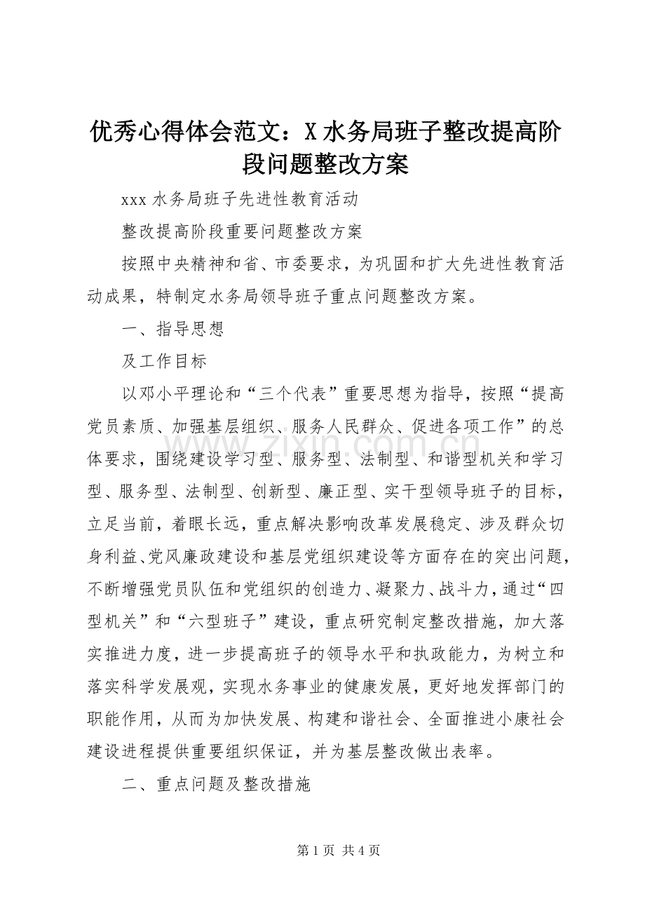 优秀心得体会范文：X水务局班子整改提高阶段问题整改实施方案.docx_第1页