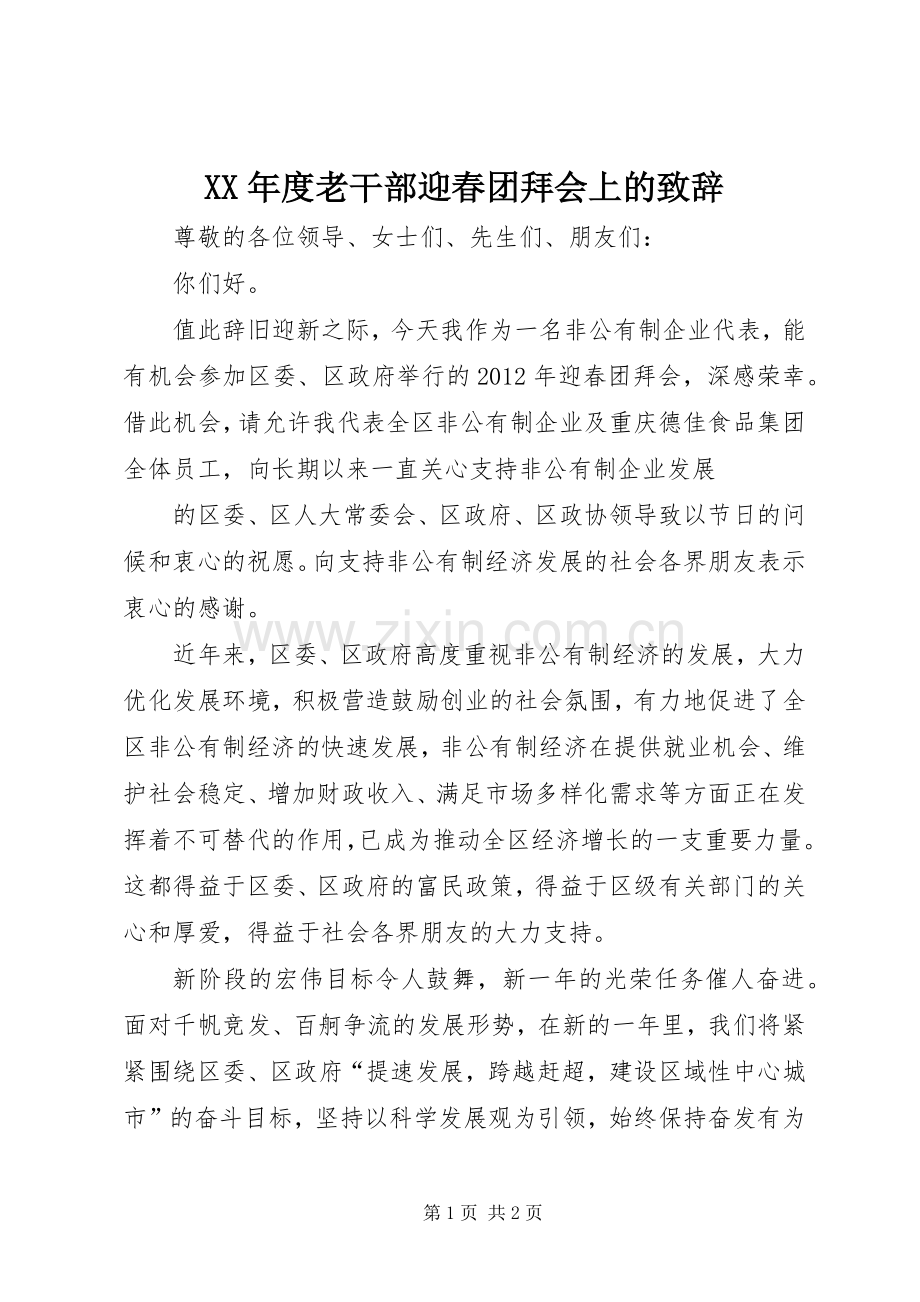 XX年度老干部迎春团拜会上的致辞演讲范文.docx_第1页