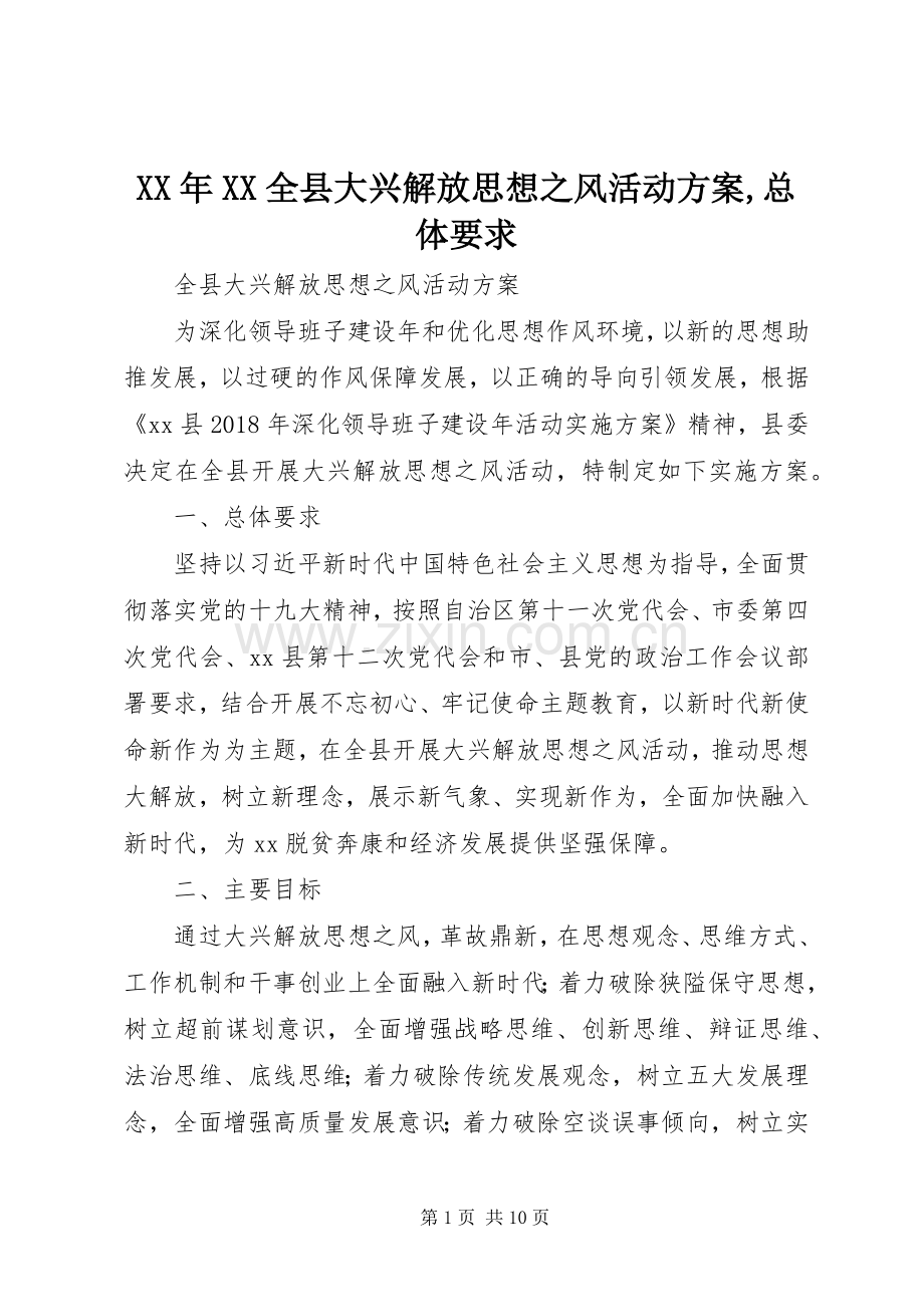 XX年XX全县大兴解放思想之风活动实施方案,总体要求.docx_第1页