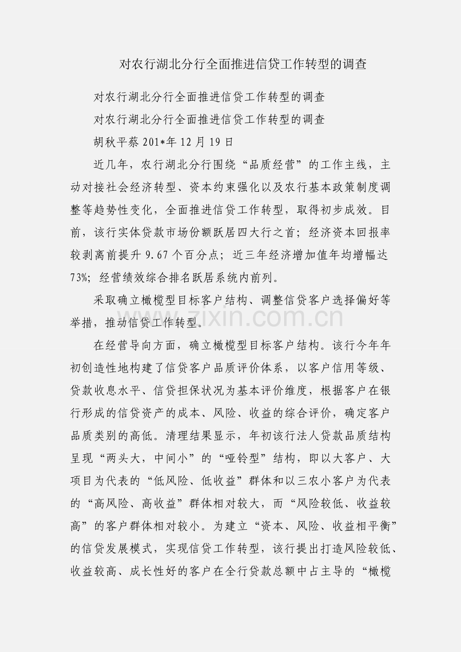 对农行湖北分行全面推进信贷工作转型的调查.docx_第1页