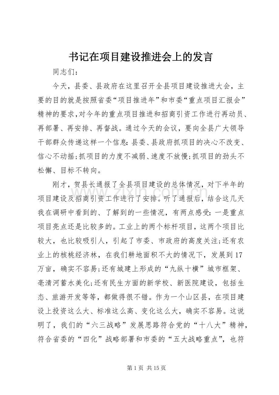 书记在项目建设推进会上的发言.docx_第1页