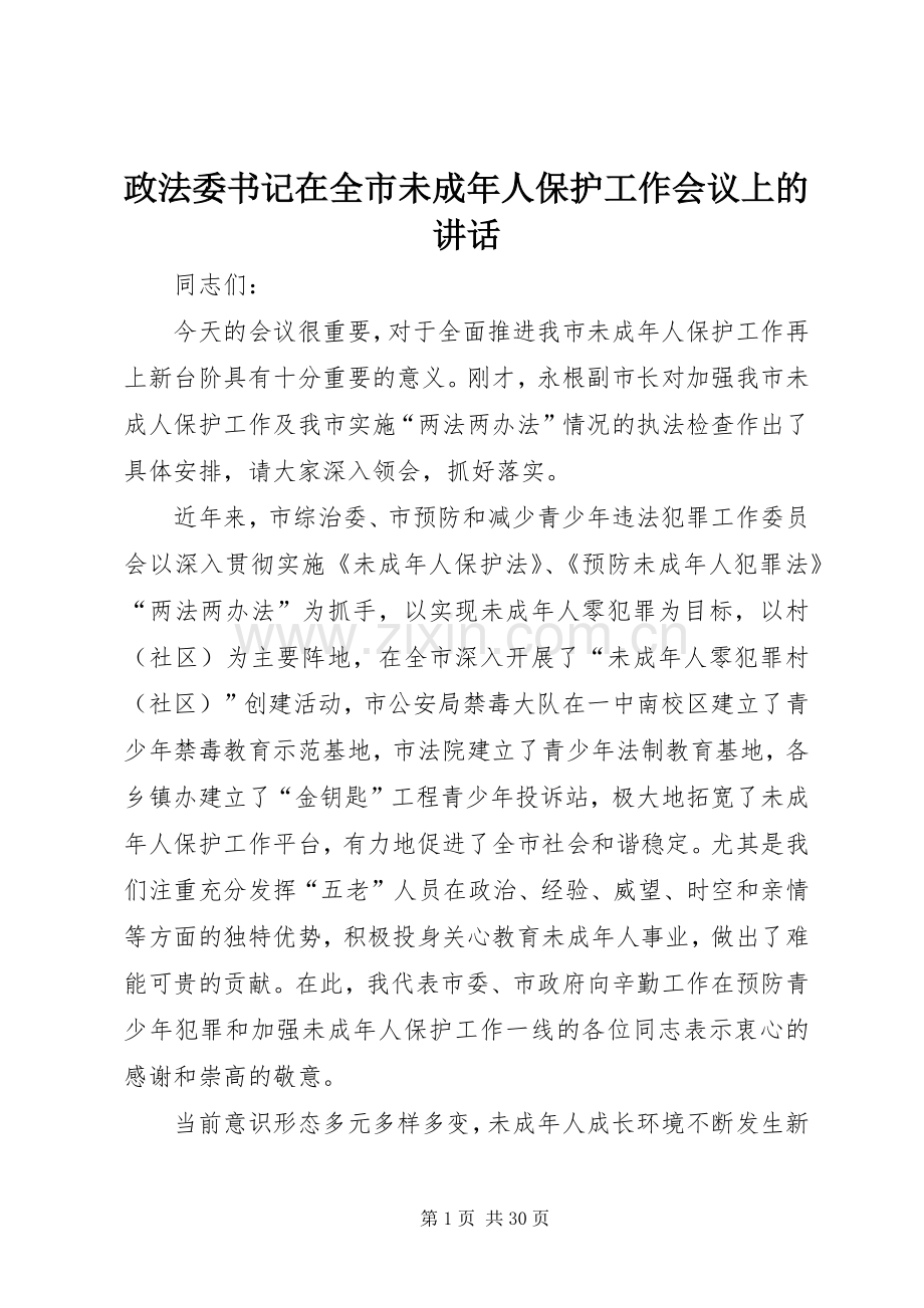 政法委书记在全市未成年人保护工作会议上的讲话.docx_第1页