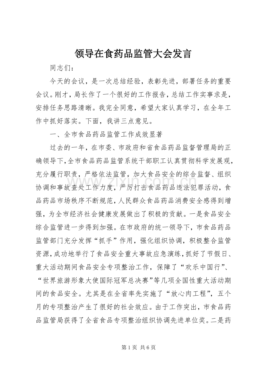 领导在食药品监管大会发言稿.docx_第1页