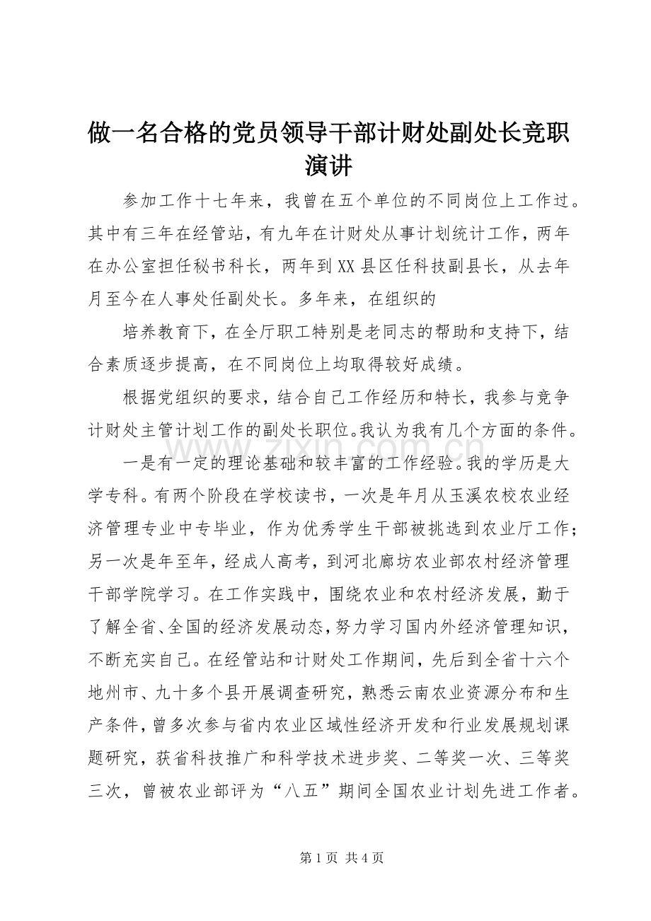 做一名合格的党员领导干部计财处副处长竞职演讲稿.docx_第1页