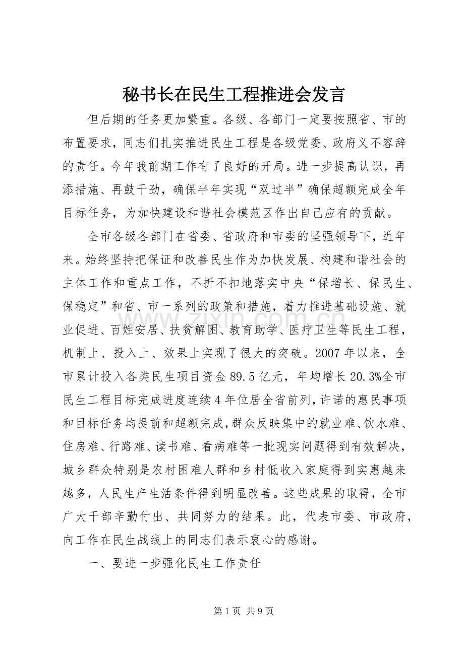 秘书长在民生工程推进会发言稿.docx_第1页