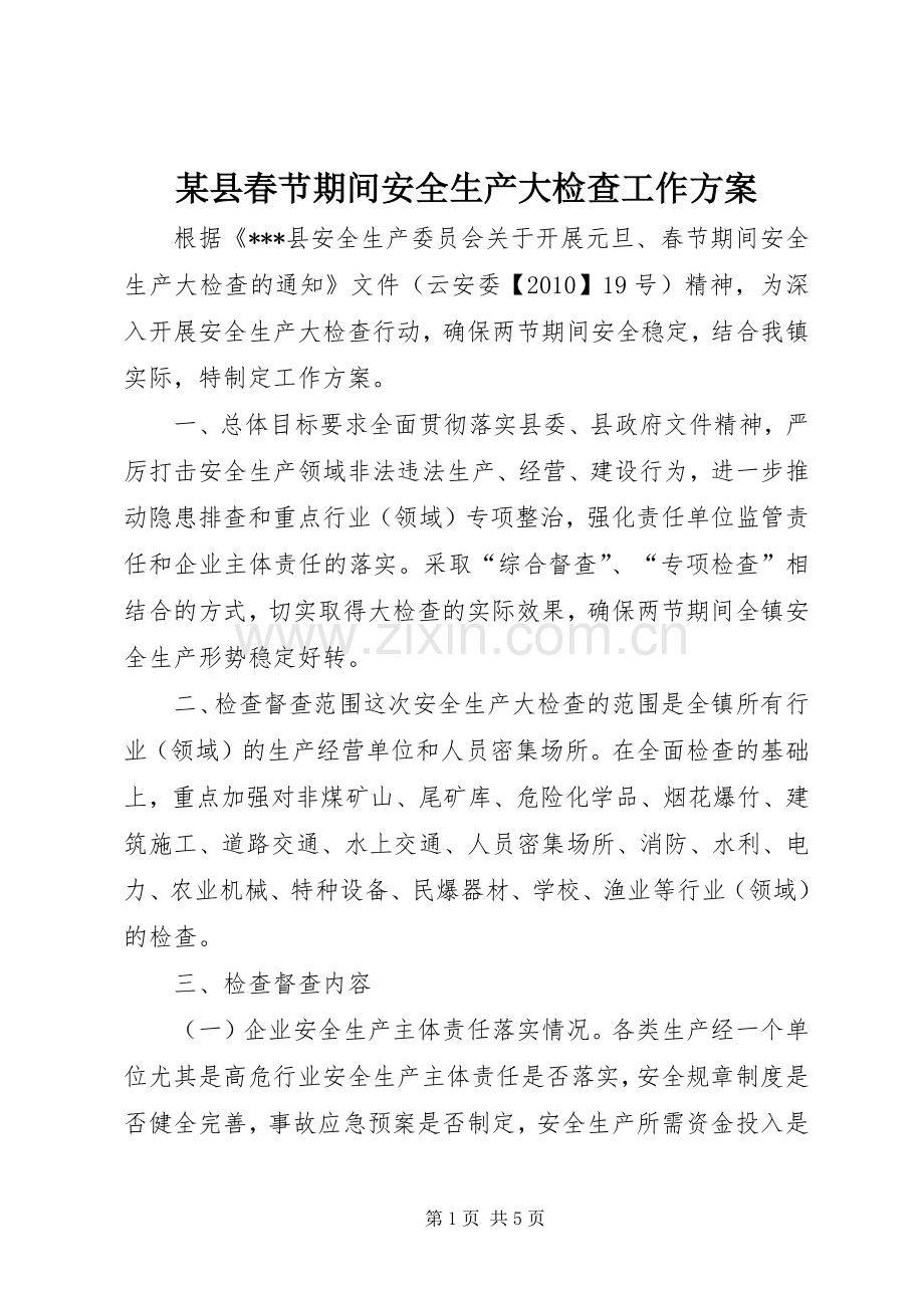 某县春节期间安全生产大检查工作实施方案.docx_第1页