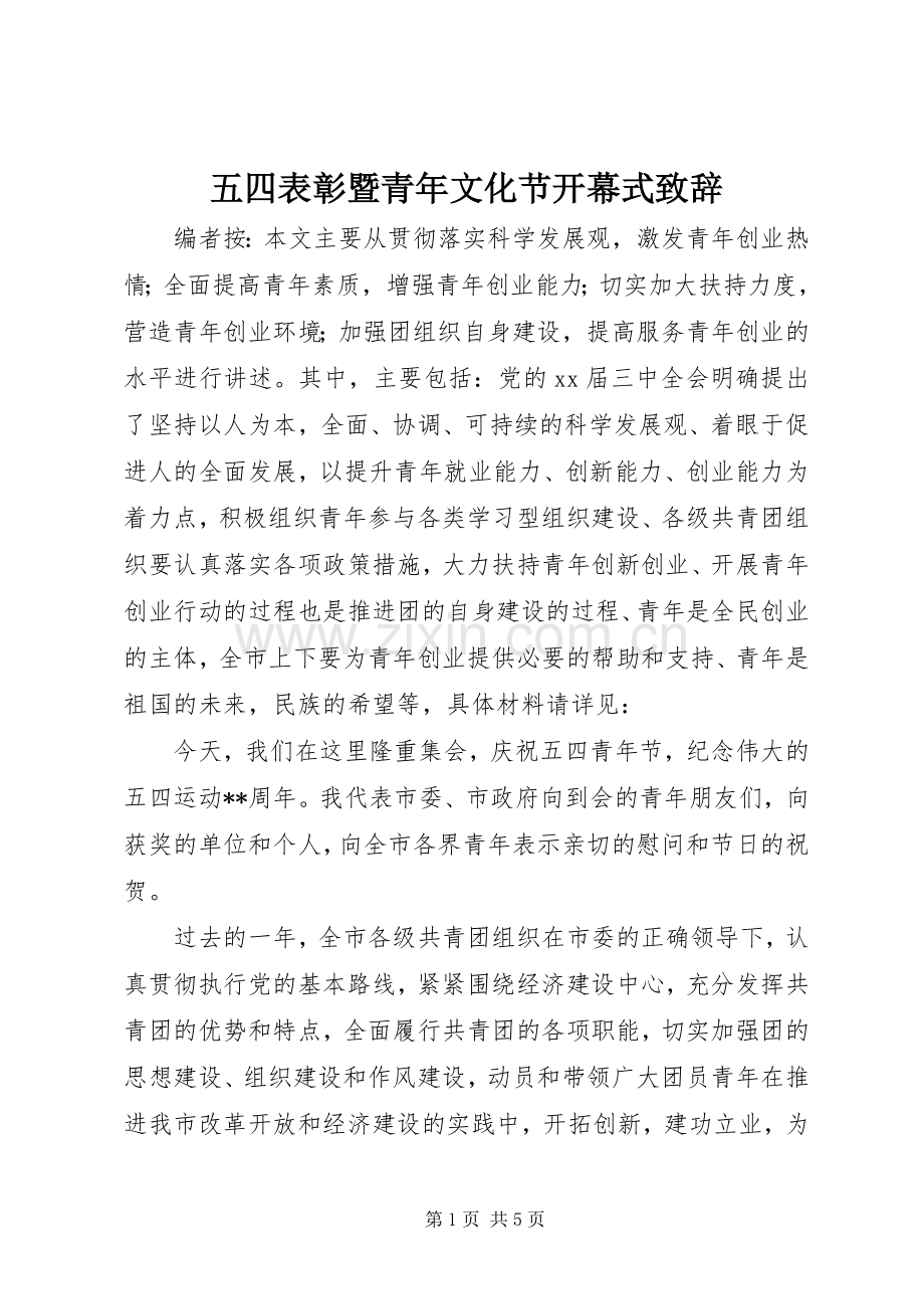 五四表彰暨青年文化节开幕式致辞稿.docx_第1页
