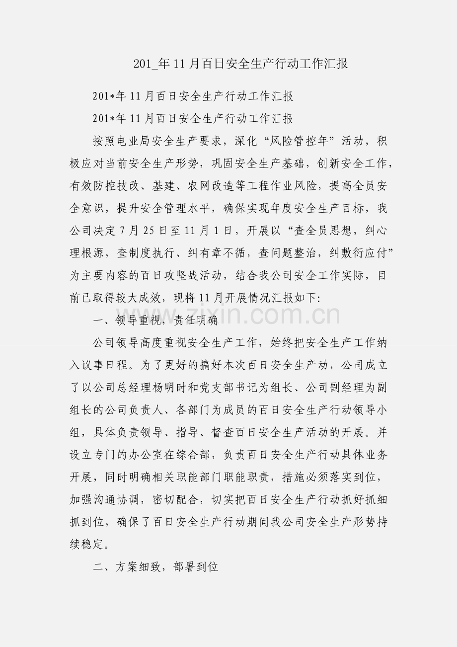 201_年11月百日安全生产行动工作汇报.docx_第1页