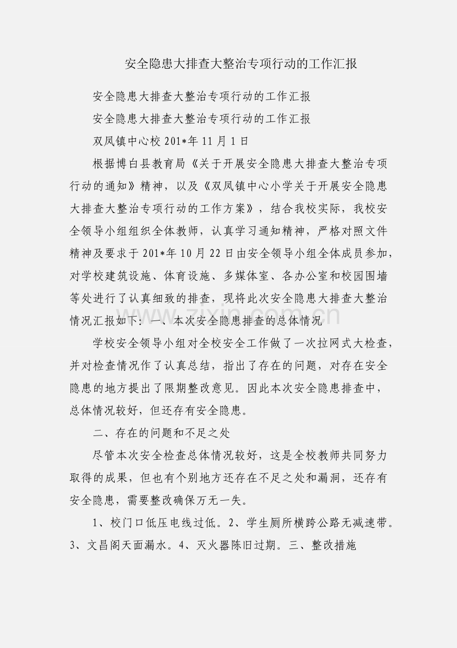 安全隐患大排查大整治专项行动的工作汇报.docx_第1页