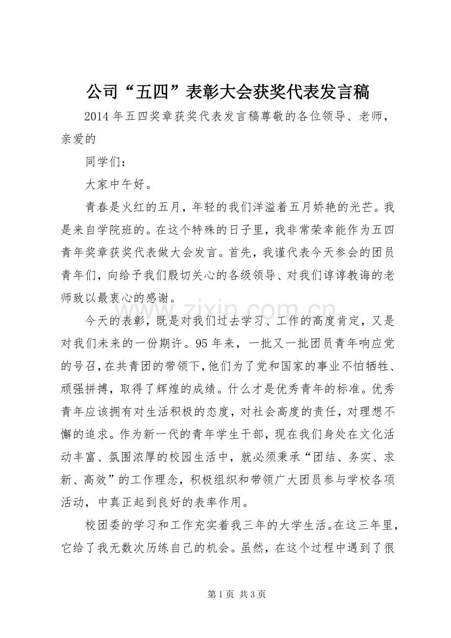 公司“五四”表彰大会获奖代表发言.docx_第1页