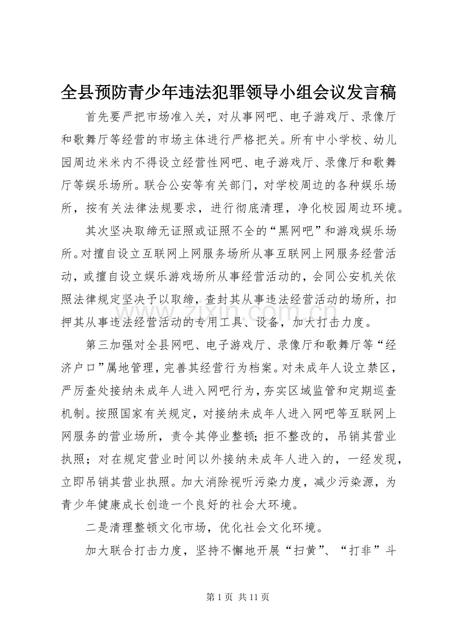 全县预防青少年违法犯罪领导小组会议发言稿.docx_第1页