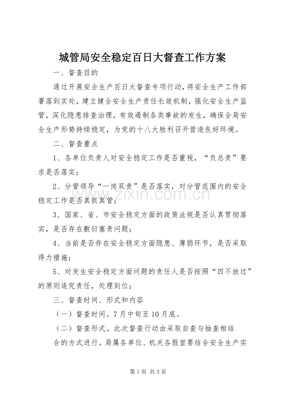城管局安全稳定百日大督查工作实施方案.docx_第1页