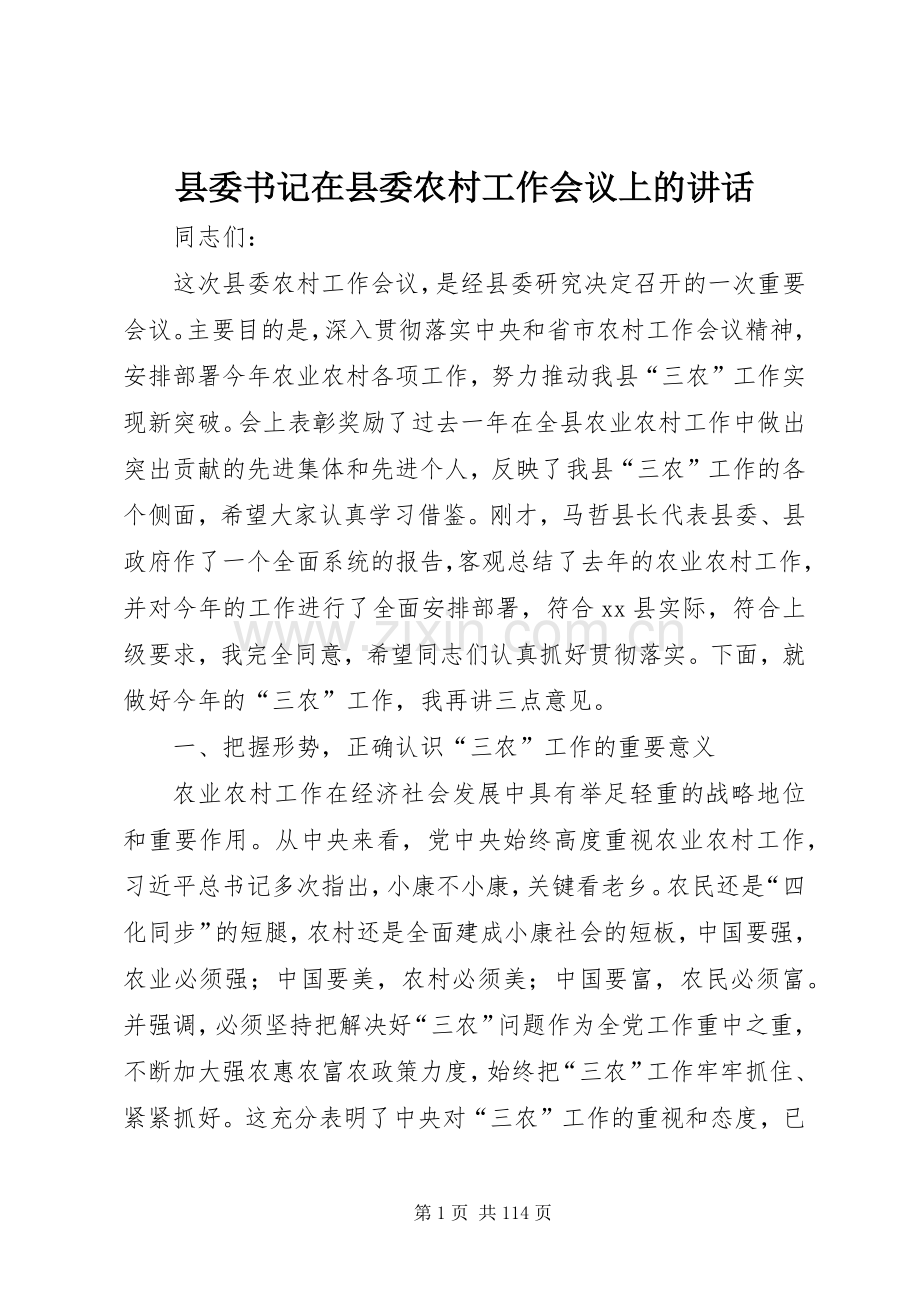 县委书记在县委农村工作会议上的讲话.docx_第1页