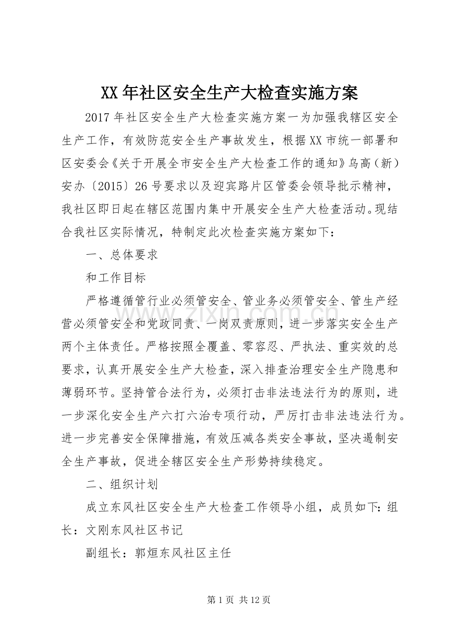 XX年社区安全生产大检查方案.docx_第1页
