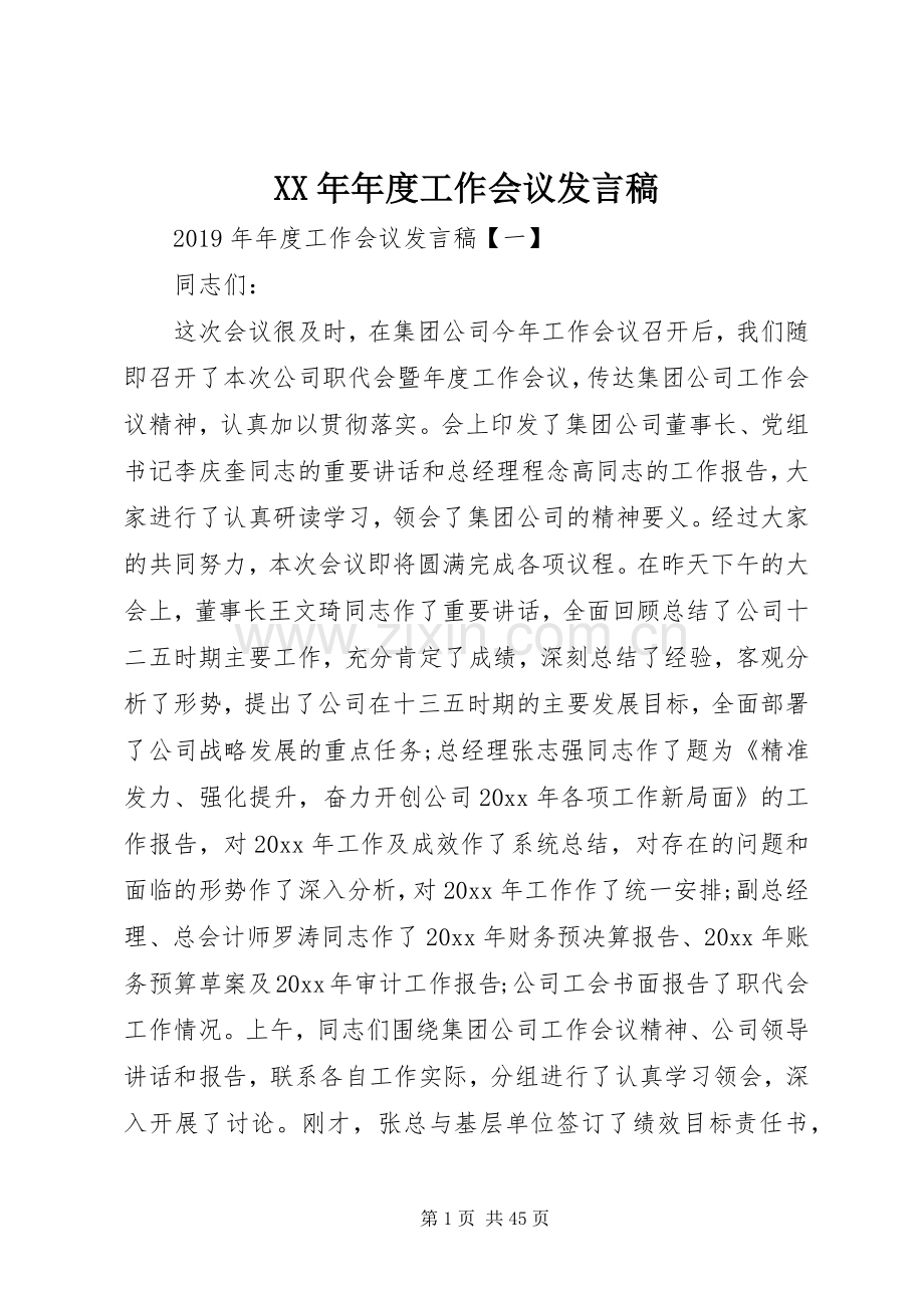XX年年度工作会议发言.docx_第1页