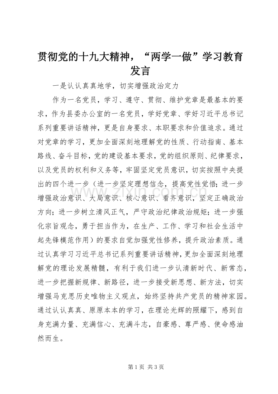 贯彻党的十九大精神“两学一做”学习教育发言.docx_第1页