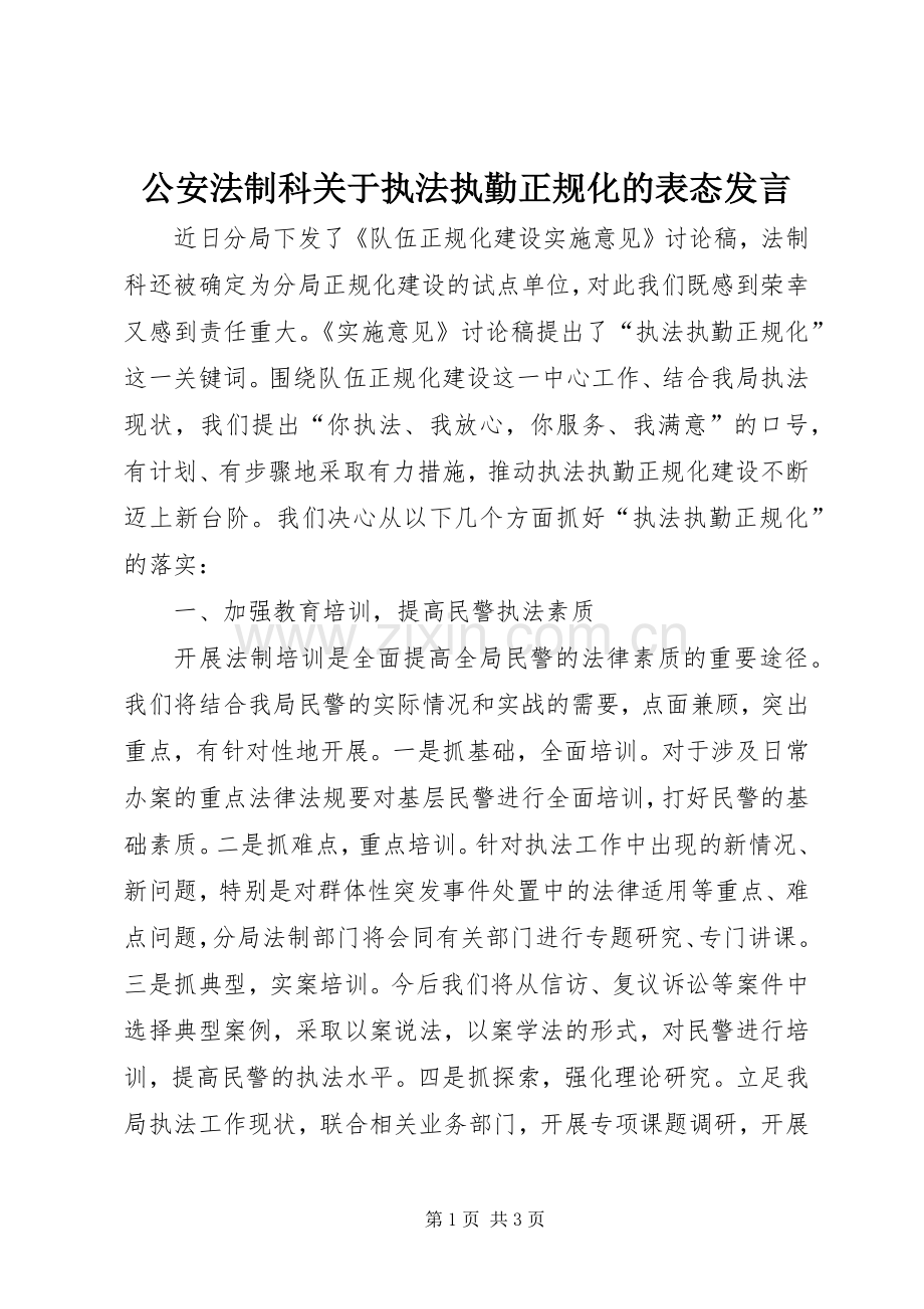 公安法制科关于执法执勤正规化的表态发言.docx_第1页