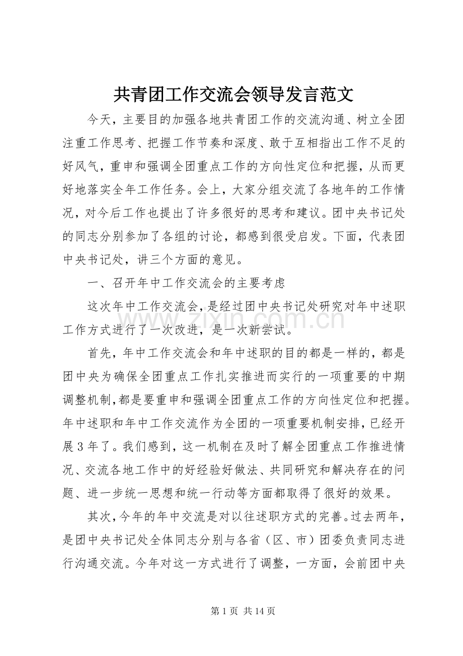 共青团工作交流会领导发言稿范文.docx_第1页