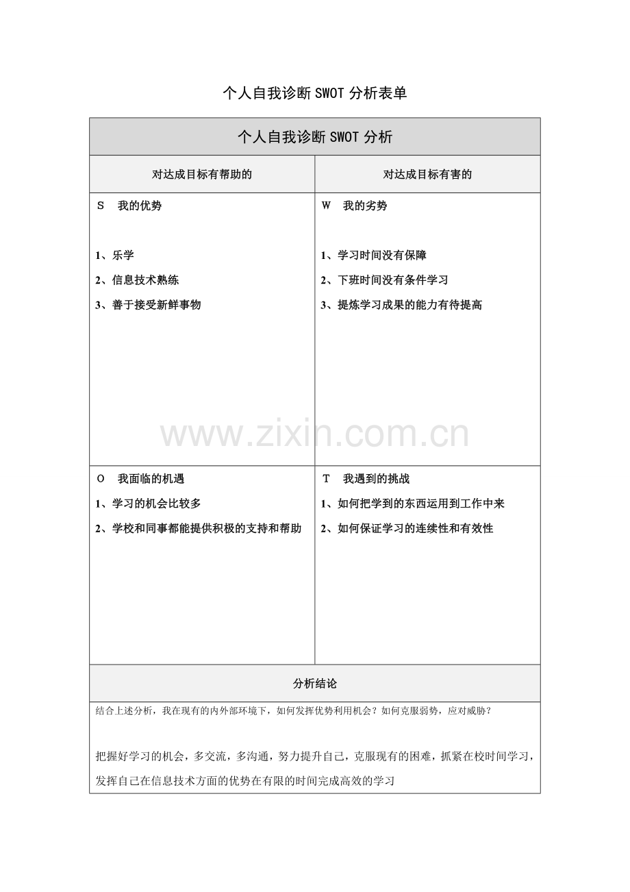 贺曾个人自我诊断SWOT分析表.doc_第1页