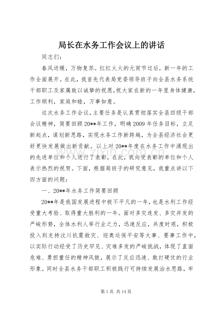 局长在水务工作会议上的讲话.docx_第1页