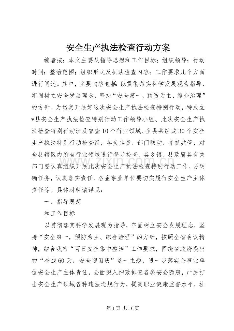 安全生产执法检查行动实施方案.docx_第1页