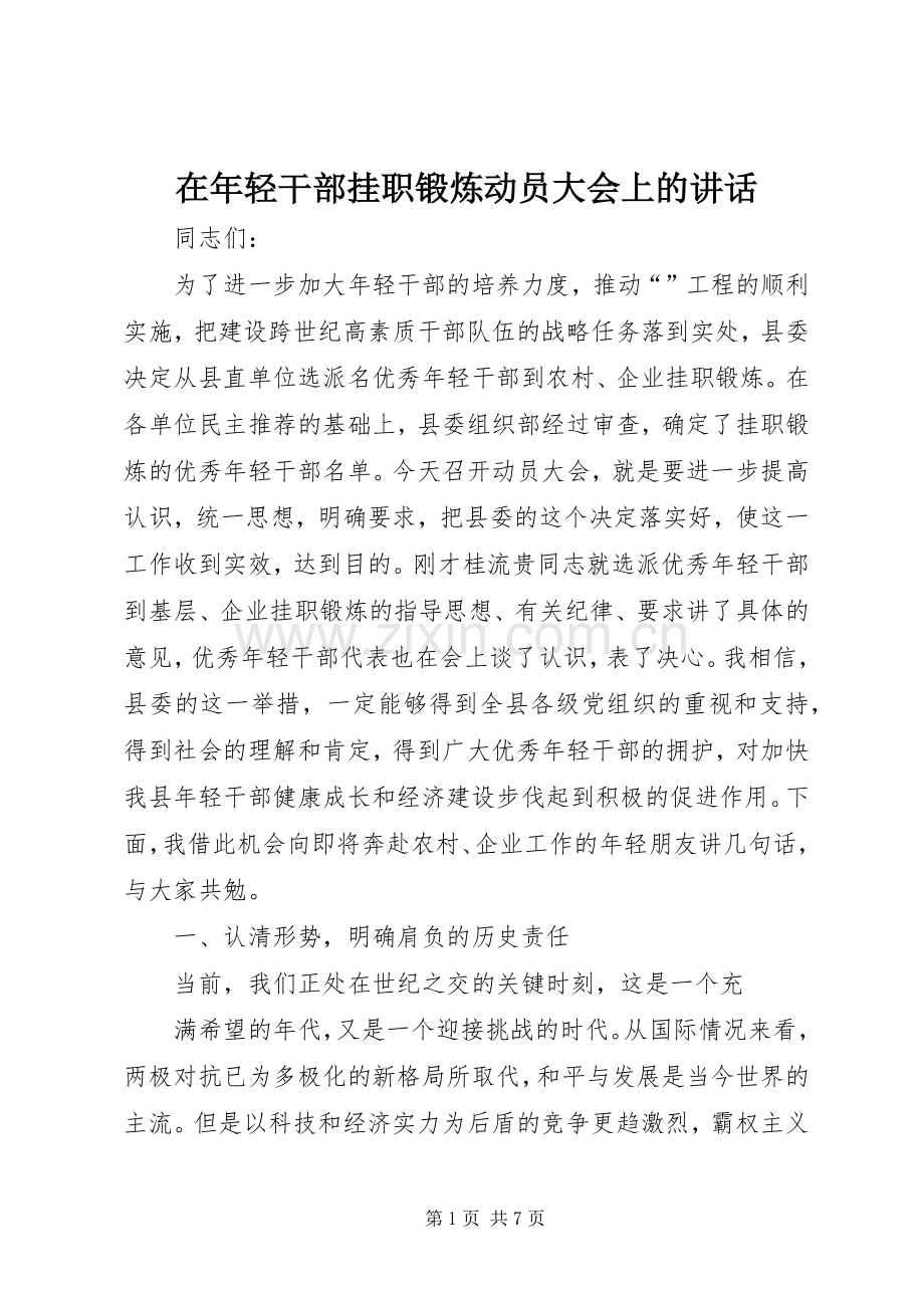 在年轻干部挂职锻炼动员大会上的讲话.docx_第1页