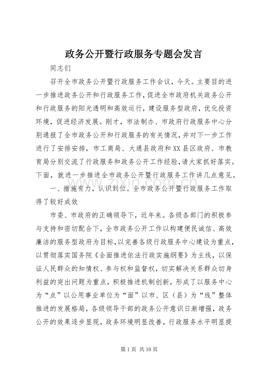 政务公开暨行政服务专题会发言.docx_第1页