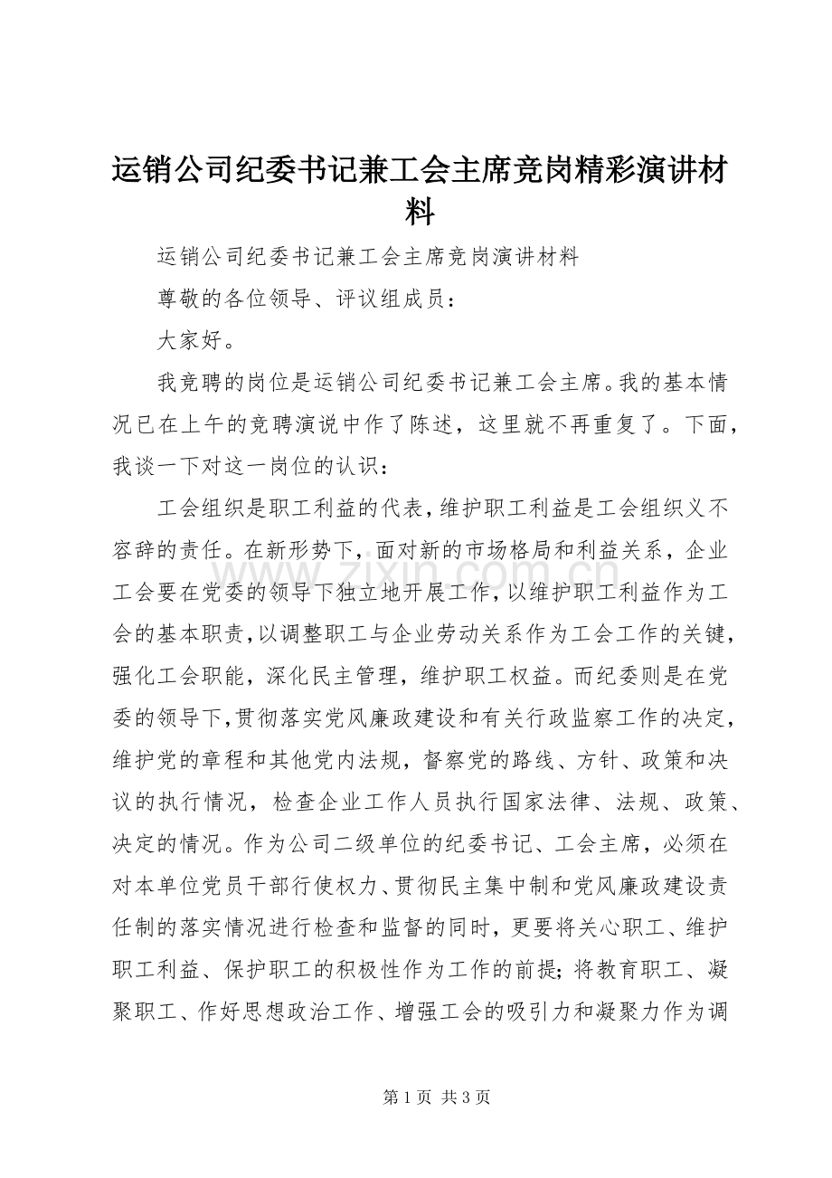 运销公司纪委书记兼工会主席竞岗精彩演讲材料.docx_第1页