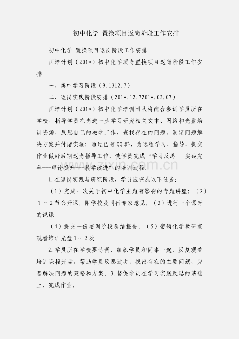 初中化学 置换项目返岗阶段工作安排.docx_第1页