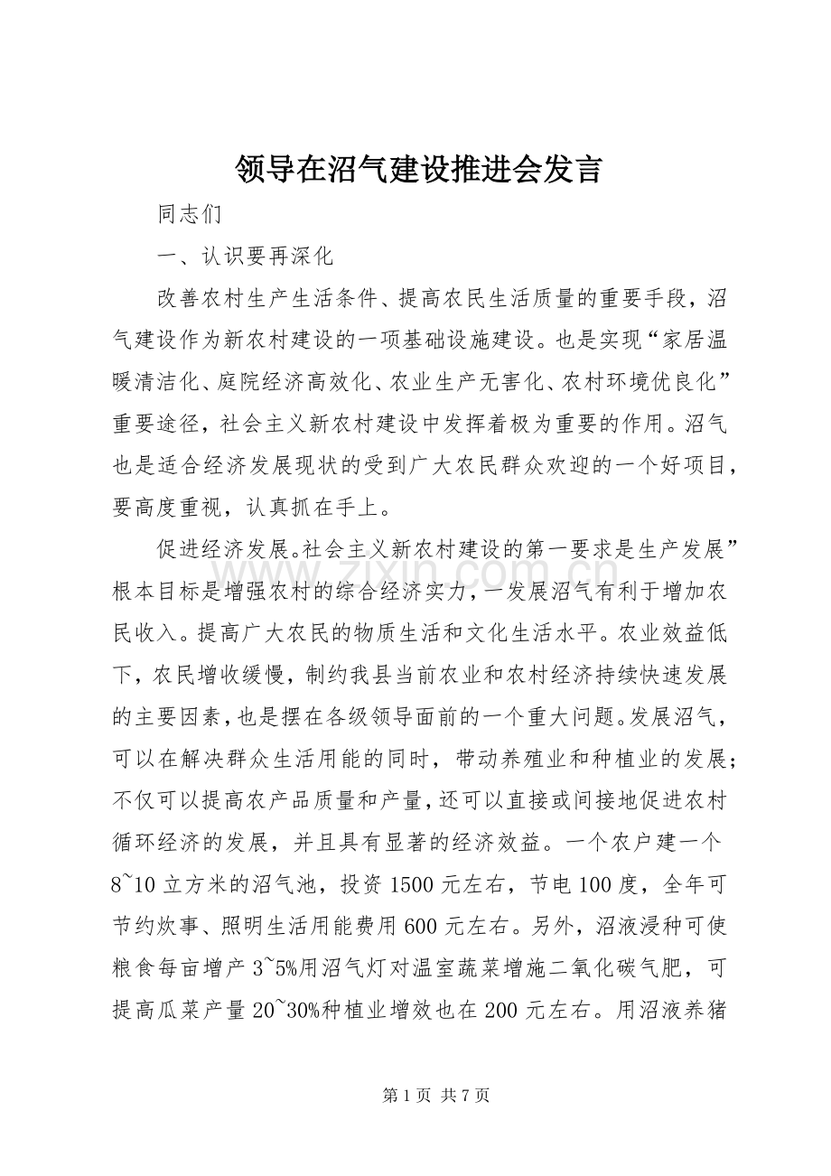领导在沼气建设推进会发言稿.docx_第1页