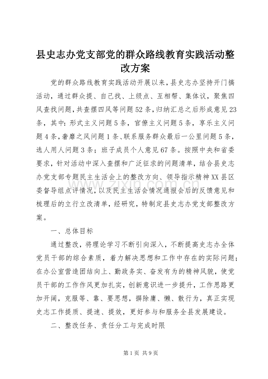 县史志办党支部党的群众路线教育实践活动整改实施方案.docx_第1页