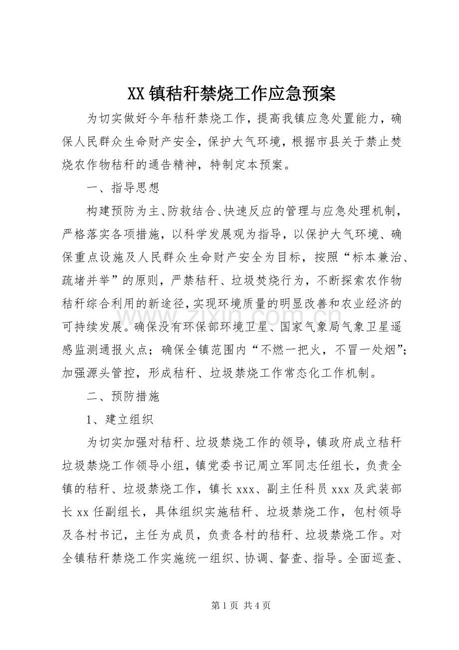 XX镇秸秆禁烧工作应急处理预案.docx_第1页