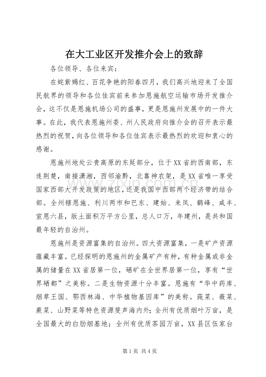 在大工业区开发推介会上的演讲致辞范文.docx_第1页