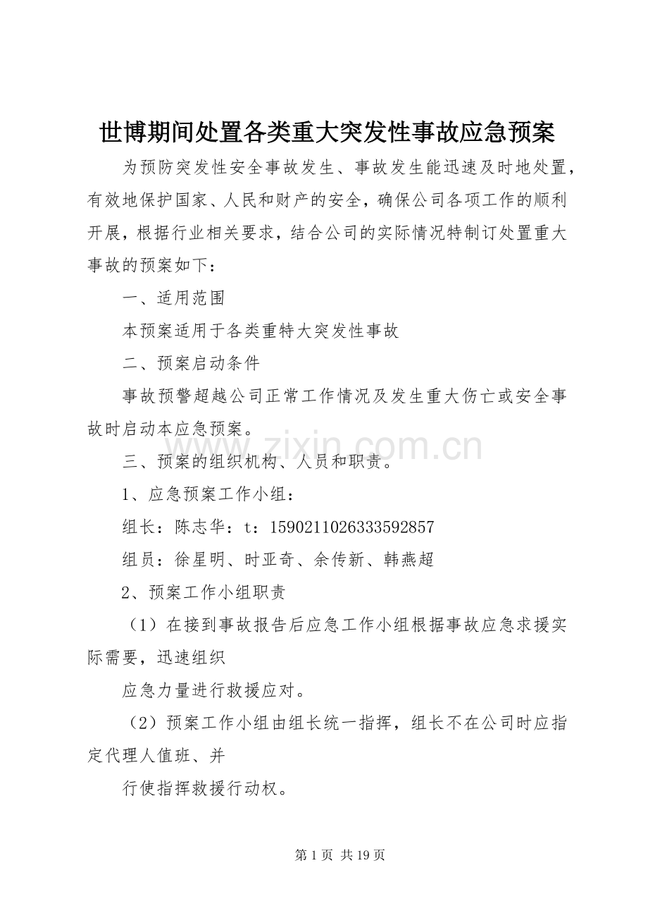 世博期间各类重大突发性事故应急预案.docx_第1页